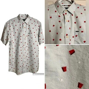 DJAB, button-down shirt, gray with Solo Cups pattern, Fun Humor PopArt Party